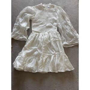 Selfie Leslie Women's Small White Smocked Bodice‎ Long Balloon Sleeve Mini Dress